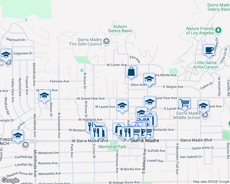 map of restaurants, bars, coffee shops, grocery stores, and more near 289 Toyon Road in Sierra Madre