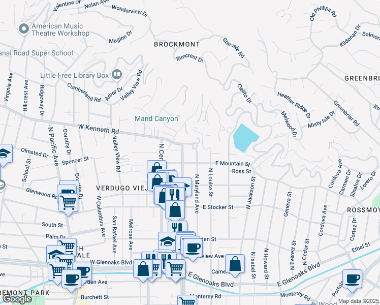 map of restaurants, bars, coffee shops, grocery stores, and more near 131 East Mountain Street in Glendale