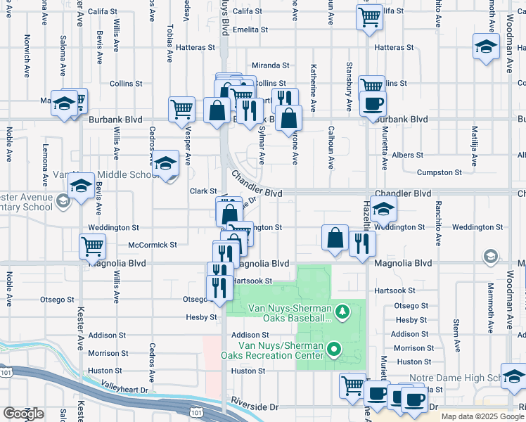 map of restaurants, bars, coffee shops, grocery stores, and more near 5304 Sylmar Avenue in Los Angeles