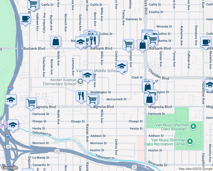 map of restaurants, bars, coffee shops, grocery stores, and more near 5327 Natick Avenue in Los Angeles