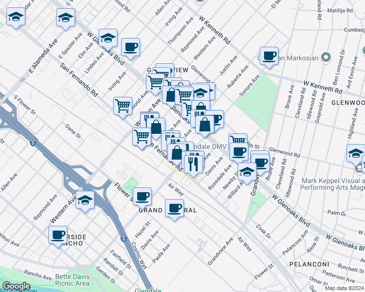 map of restaurants, bars, coffee shops, grocery stores, and more near 1030 Ruberta Avenue in Glendale