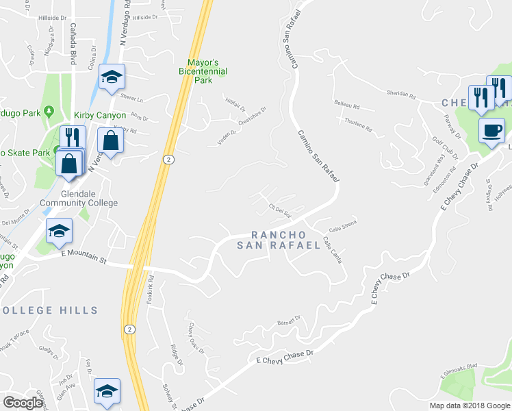 map of restaurants, bars, coffee shops, grocery stores, and more near 1878 Caminito De La Playa in Glendale