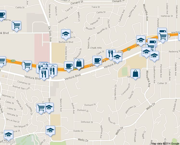 map of restaurants, bars, coffee shops, grocery stores, and more near 20564 Ventura Boulevard in Los Angeles