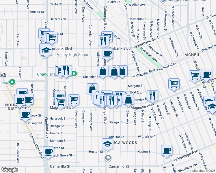 map of restaurants, bars, coffee shops, grocery stores, and more near 5307 Auckland Avenue in Los Angeles
