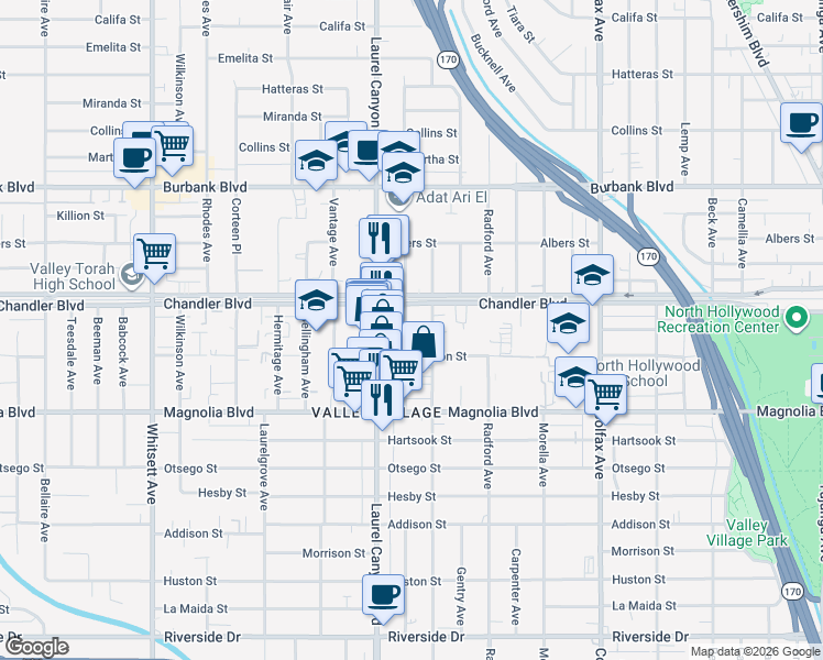 map of restaurants, bars, coffee shops, grocery stores, and more near 5328 Agnes Avenue in Los Angeles