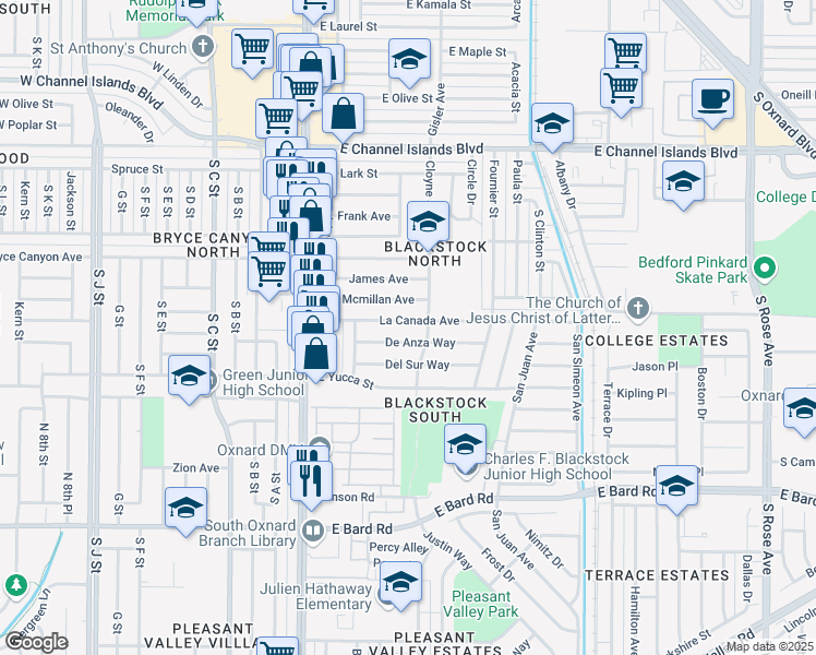 map of restaurants, bars, coffee shops, grocery stores, and more near 430 La Canada Avenue in Oxnard