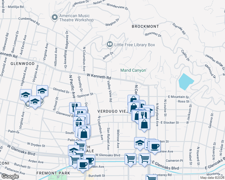 map of restaurants, bars, coffee shops, grocery stores, and more near 1400 Valley View Road in Glendale