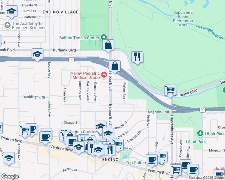 map of restaurants, bars, coffee shops, grocery stores, and more near 16857 Weddington Street in Los Angeles