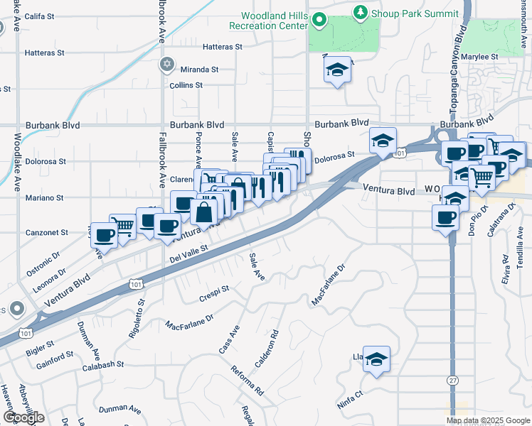 map of restaurants, bars, coffee shops, grocery stores, and more near 22515 Del Valle Street in Los Angeles