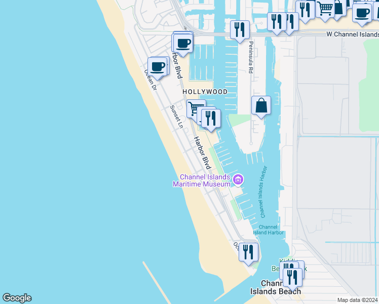 map of restaurants, bars, coffee shops, grocery stores, and more near 108 Los Feliz Street in Oxnard