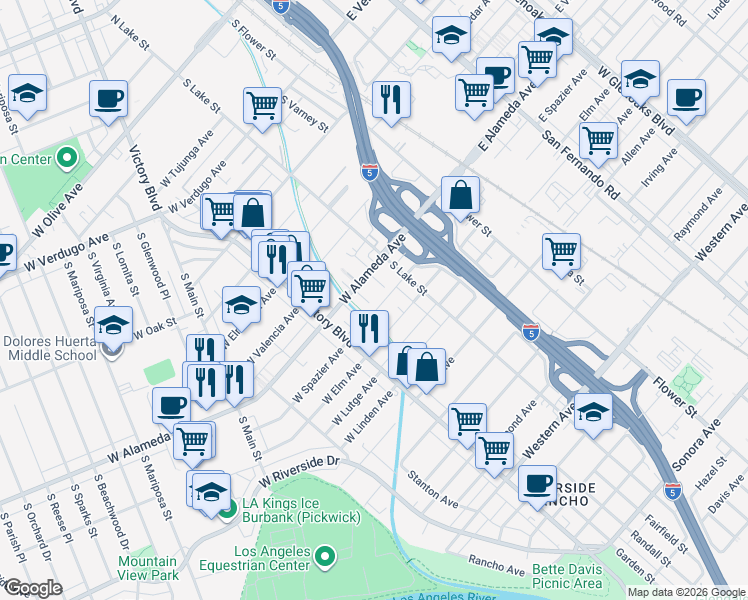 map of restaurants, bars, coffee shops, grocery stores, and more near 1016 Omer Lane in Burbank