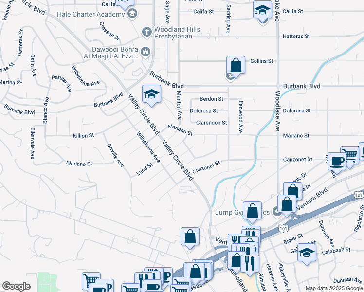 map of restaurants, bars, coffee shops, grocery stores, and more near 5330 Dubois Avenue in Los Angeles
