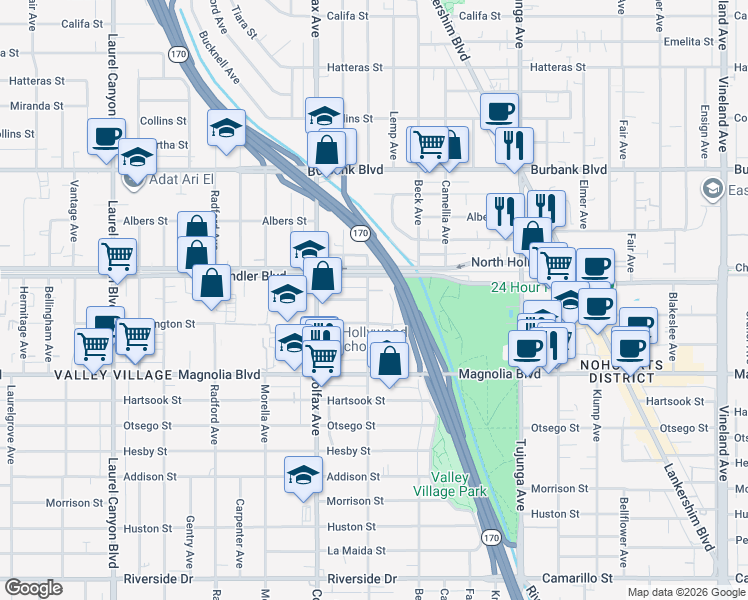map of restaurants, bars, coffee shops, grocery stores, and more near 5324 Irvine Avenue in Los Angeles