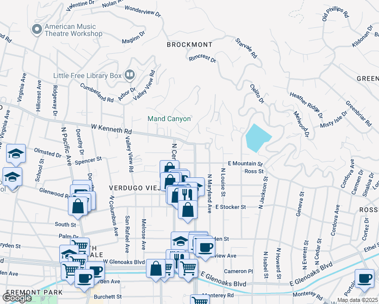 map of restaurants, bars, coffee shops, grocery stores, and more near 1415 North Brand Boulevard in Glendale