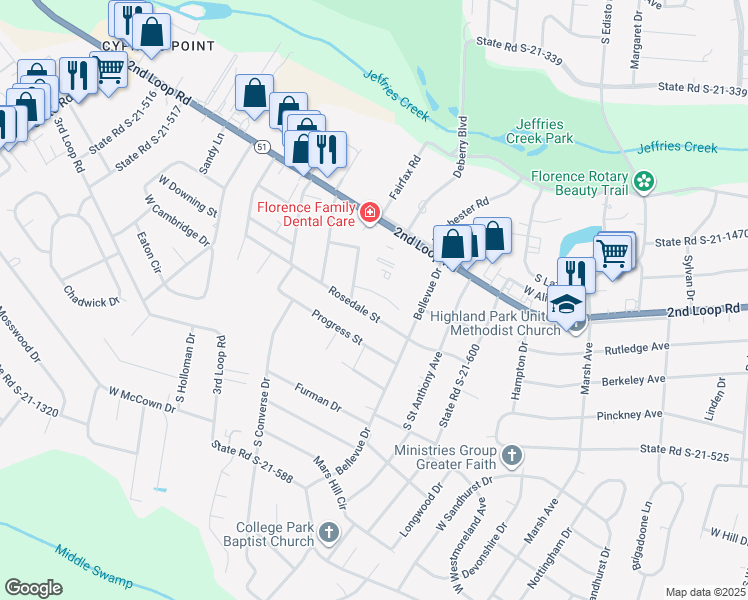 map of restaurants, bars, coffee shops, grocery stores, and more near 1504 Rosedale Street in Florence