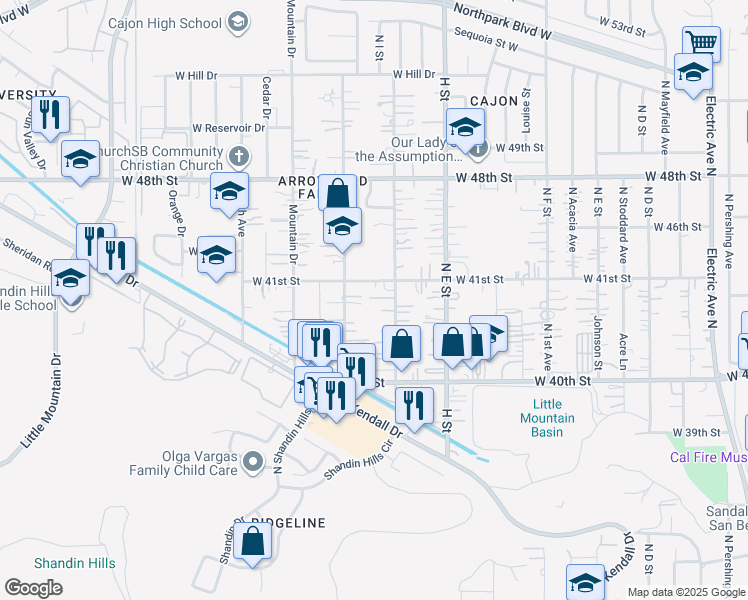 map of restaurants, bars, coffee shops, grocery stores, and more near 4080 North F Street in San Bernardino County