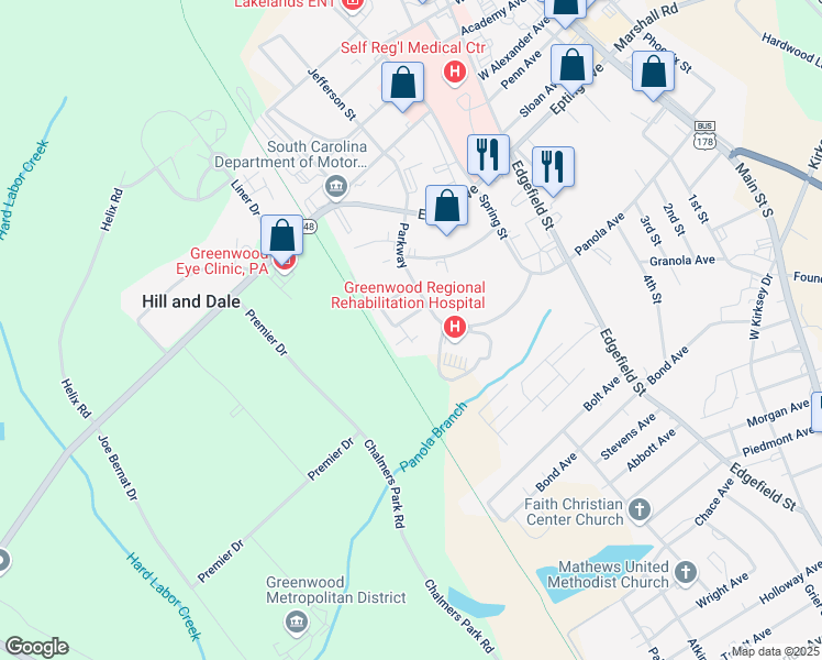 map of restaurants, bars, coffee shops, grocery stores, and more near 7 Parkway Court in Greenwood