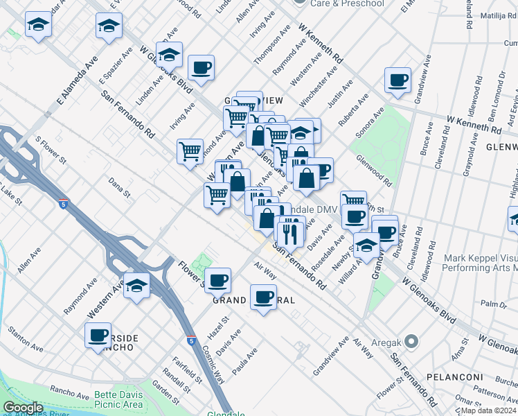map of restaurants, bars, coffee shops, grocery stores, and more near 1019 Ruberta Avenue in Glendale