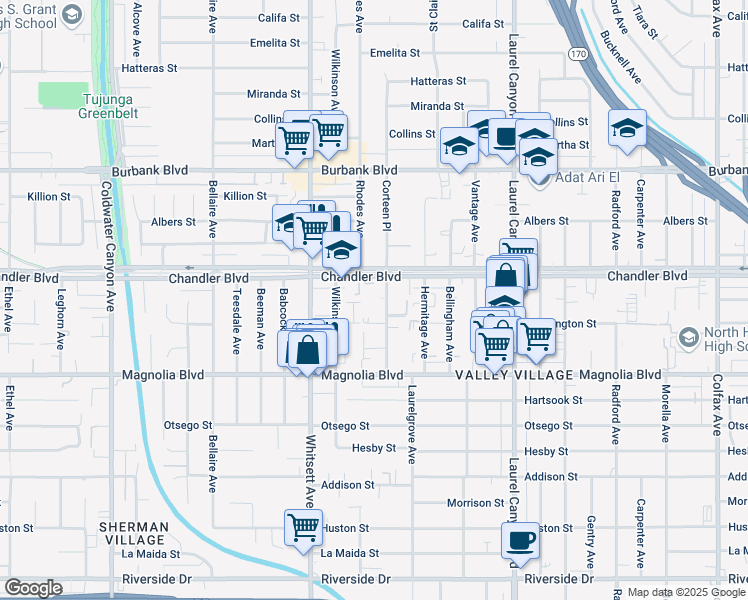 map of restaurants, bars, coffee shops, grocery stores, and more near 5311 Corteen Place in Los Angeles
