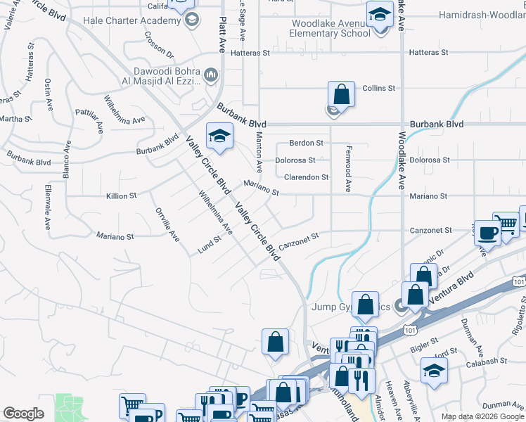 map of restaurants, bars, coffee shops, grocery stores, and more near 5330 Dubois Avenue in Los Angeles