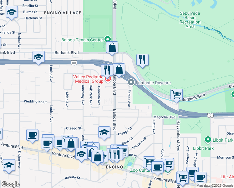 map of restaurants, bars, coffee shops, grocery stores, and more near 16857 Weddington Street in Los Angeles