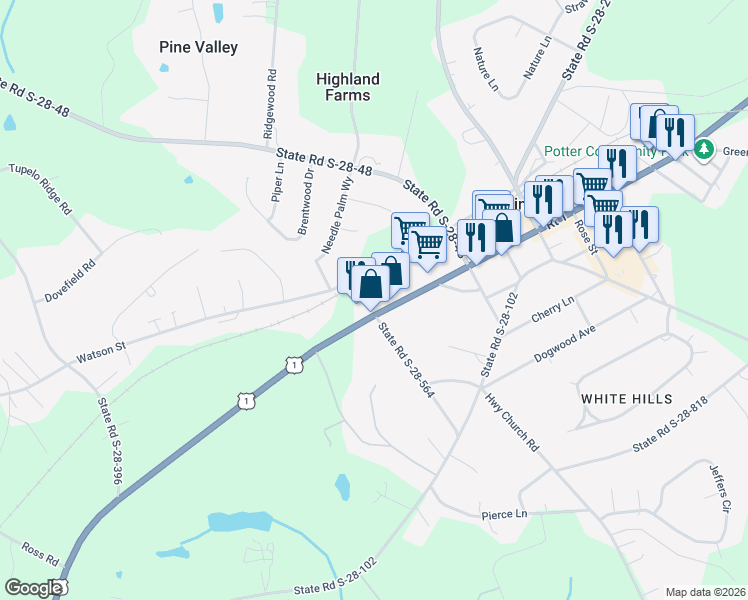 map of restaurants, bars, coffee shops, grocery stores, and more near 2554 U.S. 1 in Elgin