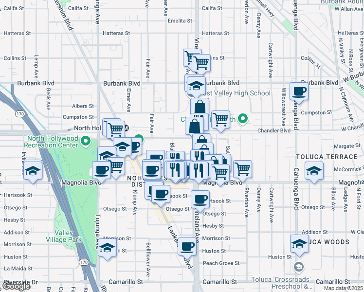 map of restaurants, bars, coffee shops, grocery stores, and more near 11058 Chandler Boulevard in Los Angeles
