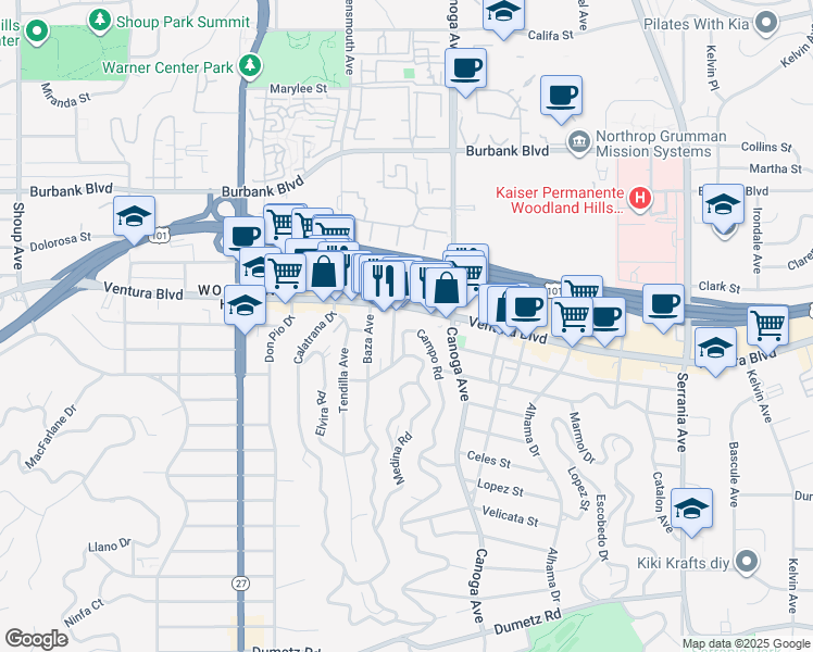 map of restaurants, bars, coffee shops, grocery stores, and more near 5355 Campo Road in Los Angeles