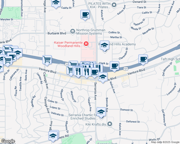 map of restaurants, bars, coffee shops, grocery stores, and more near 20929 Ventura Boulevard in Los Angeles
