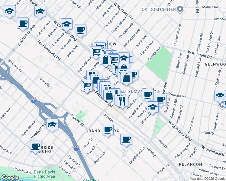 map of restaurants, bars, coffee shops, grocery stores, and more near 1030 Ruberta Avenue in Glendale