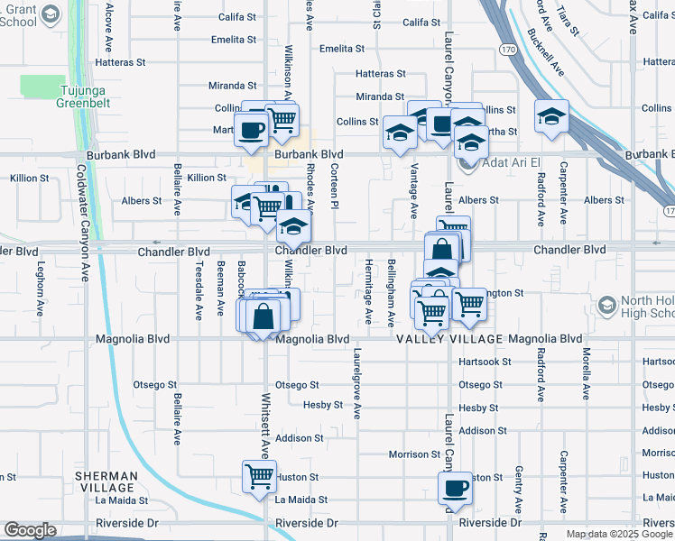 map of restaurants, bars, coffee shops, grocery stores, and more near 5311 Corteen Place in Los Angeles