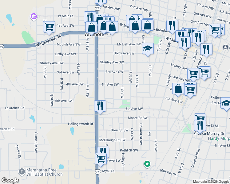 map of restaurants, bars, coffee shops, grocery stores, and more near 435 I Street Southwest in Ardmore