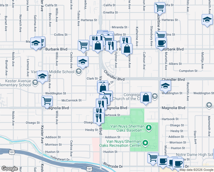 map of restaurants, bars, coffee shops, grocery stores, and more near Circle Drive in Los Angeles