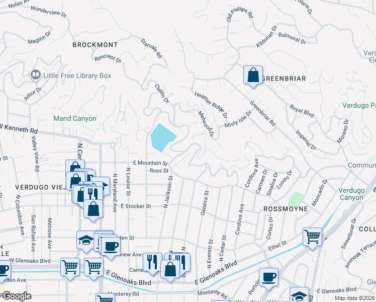 map of restaurants, bars, coffee shops, grocery stores, and more near 604 Cavanagh Road in Glendale