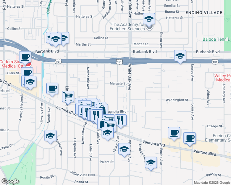 map of restaurants, bars, coffee shops, grocery stores, and more near 5303 Yarmouth Avenue in Los Angeles