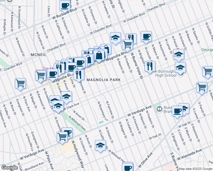 map of restaurants, bars, coffee shops, grocery stores, and more near 722 North Niagara Street in Burbank