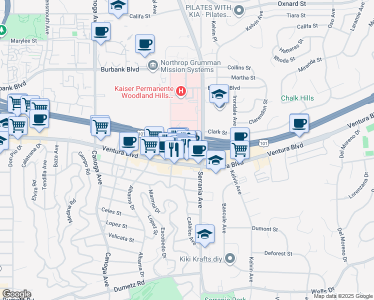 map of restaurants, bars, coffee shops, grocery stores, and more near 20929 Ventura Boulevard in Los Angeles