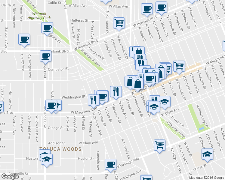 map of restaurants, bars, coffee shops, grocery stores, and more near 1033 North Pass Avenue in Burbank