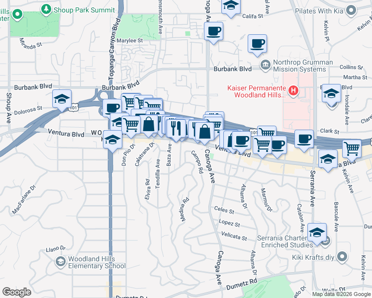 map of restaurants, bars, coffee shops, grocery stores, and more near 5368 Campo Road in Los Angeles
