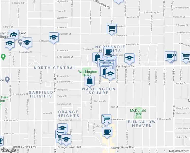 map of restaurants, bars, coffee shops, grocery stores, and more near 727 East Claremont Street in Pasadena
