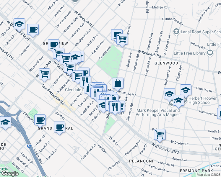 map of restaurants, bars, coffee shops, grocery stores, and more near 1239 Grandview Avenue in Glendale