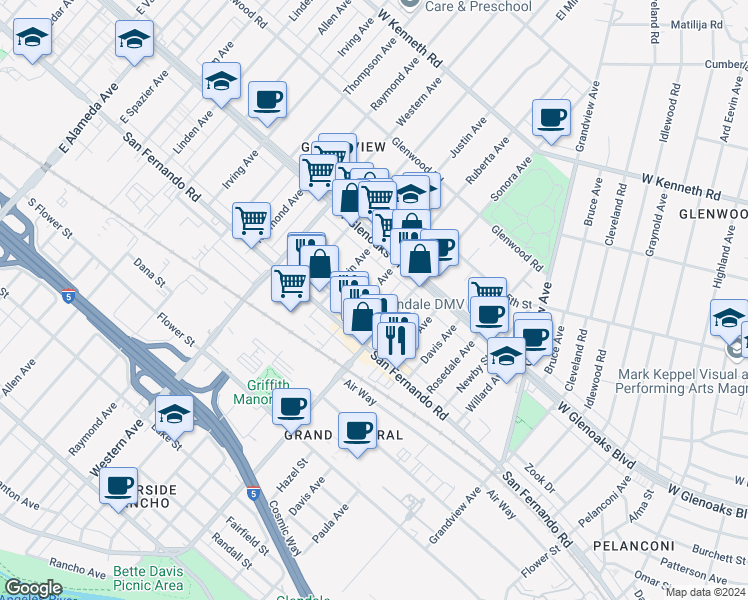 map of restaurants, bars, coffee shops, grocery stores, and more near 1012 Ruberta Avenue in Glendale