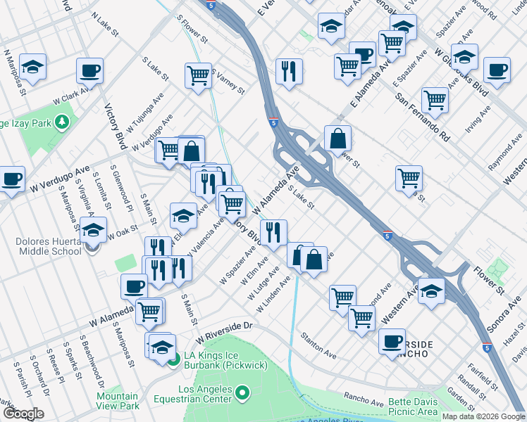 map of restaurants, bars, coffee shops, grocery stores, and more near 1015 Omer Lane in Burbank