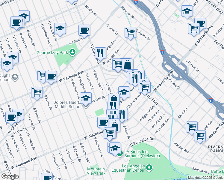 map of restaurants, bars, coffee shops, grocery stores, and more near 913 West Oak Street in Burbank