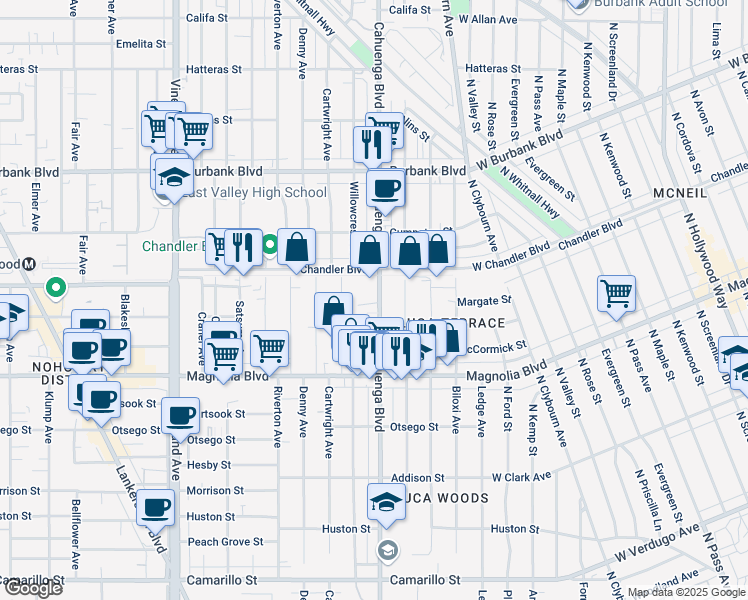 map of restaurants, bars, coffee shops, grocery stores, and more near 5301 Cahuenga Boulevard in Los Angeles