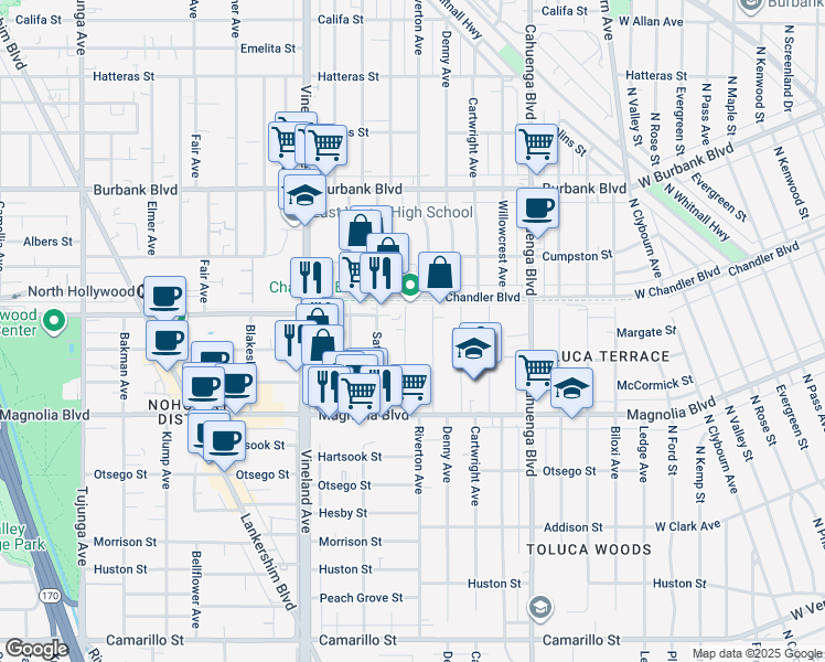 map of restaurants, bars, coffee shops, grocery stores, and more near 5308 Harmony Avenue in Los Angeles