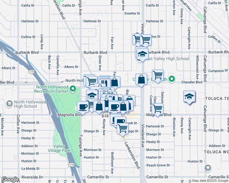 map of restaurants, bars, coffee shops, grocery stores, and more near 11133 Weddington Street in Los Angeles