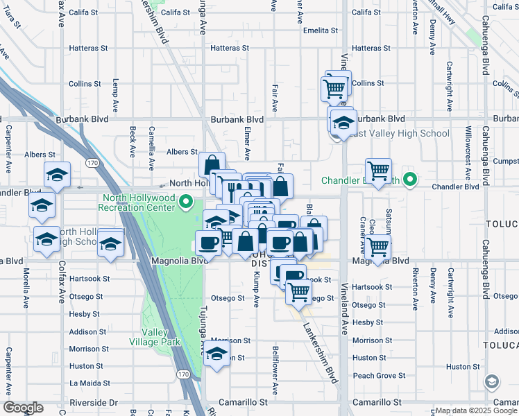map of restaurants, bars, coffee shops, grocery stores, and more near 5250 Lankershim Boulevard in Los Angeles