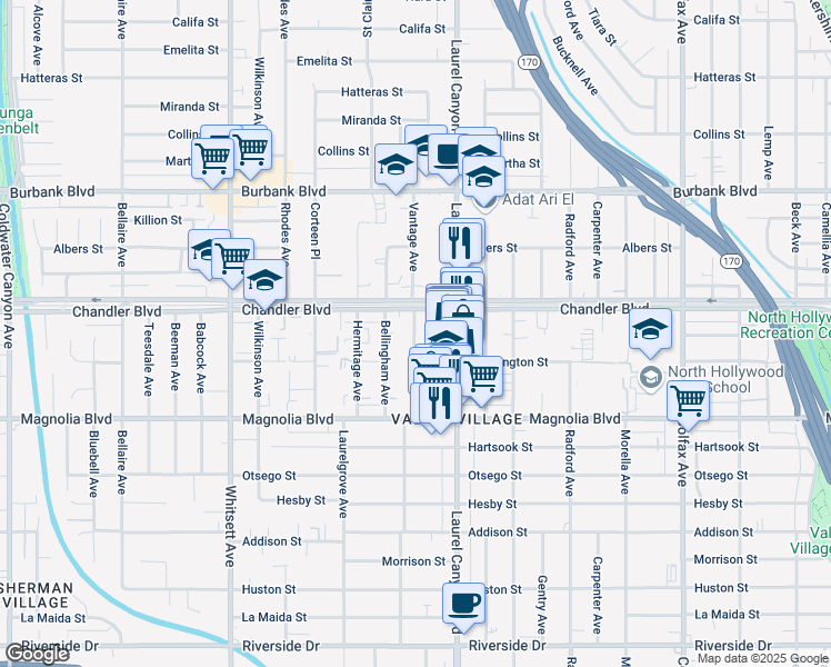 map of restaurants, bars, coffee shops, grocery stores, and more near 5306 Vantage Avenue in Los Angeles