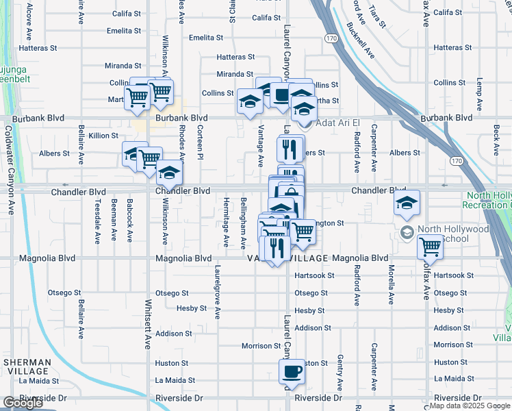 map of restaurants, bars, coffee shops, grocery stores, and more near 5306 Vantage Avenue in Los Angeles